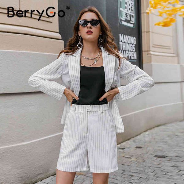 

berrygo chic white striped women blazer suit one buckle tailored collar long sleeve two pieces casual autumn short suits 210513, White;black