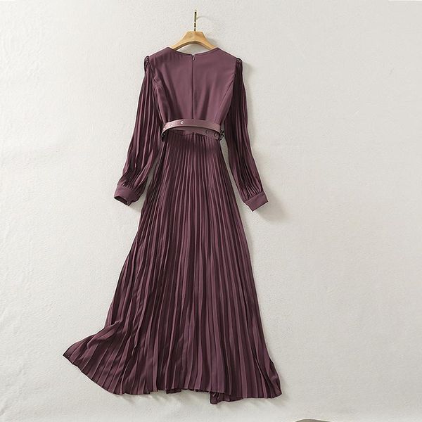 

casual dresses est 2021 runway designer spring ladies elegant o'neck long sleeve belt full pleated maxi dress, Black;gray