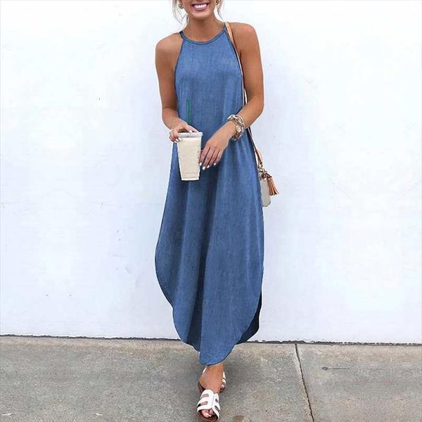 

loose sleeveless elegant empire womens dresses o neck tank long solid denim woman casual summer cloth women basic vestidos ac0023, Black;gray