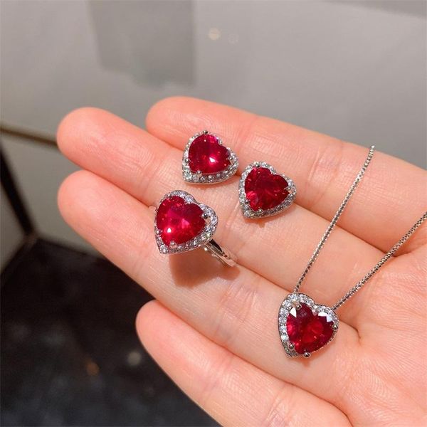 

earrings & necklace 2021 luxury red noble cubic zirconia women's adjustable ring wedding party fashion jewelry sets gift, Silver