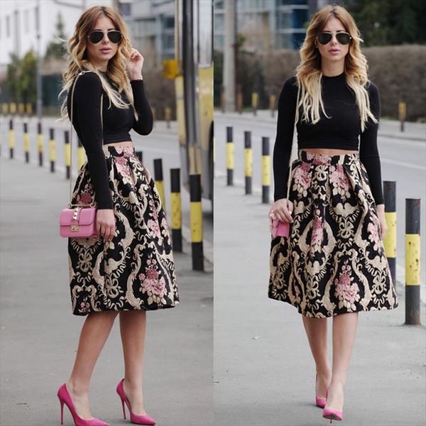 

retro floral women skirt high waist pleated party midi girls vintage flower printed skirts 4 size, Black