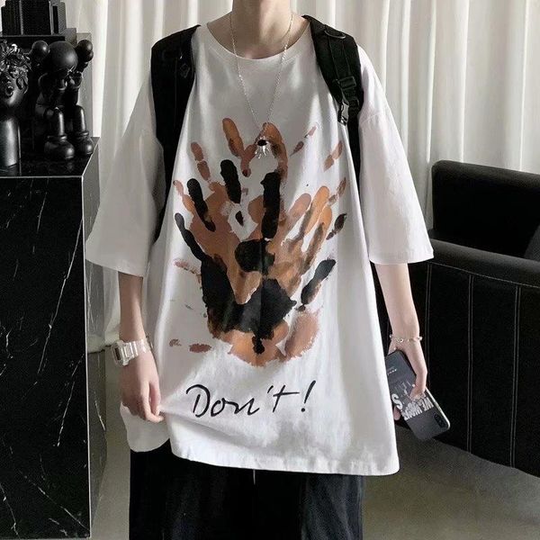

men's t-shirts creative graffiti short-sleeved t-shirt men and women trend hip-hop high street summer loose half-sleeved handprint, White;black