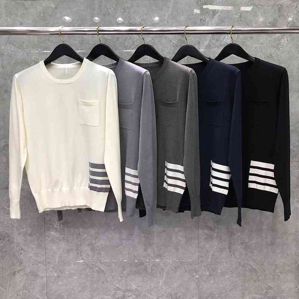 

tees fashion tb thom brand sweaters men slim fit o-neck pullovers clothing striped wool cotton solid spring autumn casual coat, White