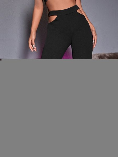 

cut out waist flare leg pants l7jk#, Black;white