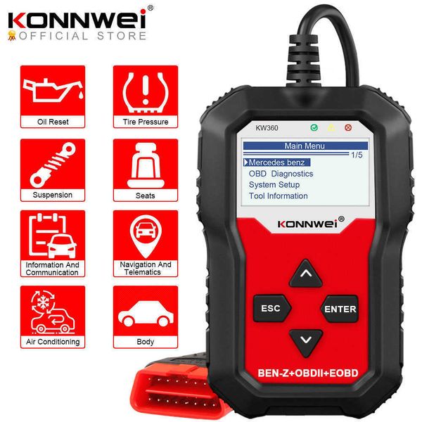 Nuovi strumenti diagnostici KONNWEI KW360 Obd2 Scanner per auto Obd 2 Diagnostica automatica per Mercedes-Benz Strumento diagnostico completo per sistemi W212 Ripristino olio airbag ABS