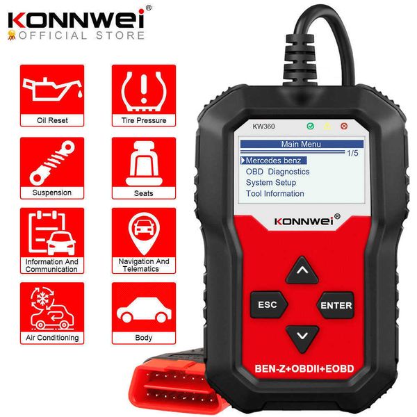 Nova Konnwei Ferramentas de Diagnóstico KW360 OBD2 Scanner de Carro OBD 2 Diagnóstico Automático para Mercedes-Benz Full Systems Ferramenta de diagnóstico W212 Abs Airbag O óleo reset