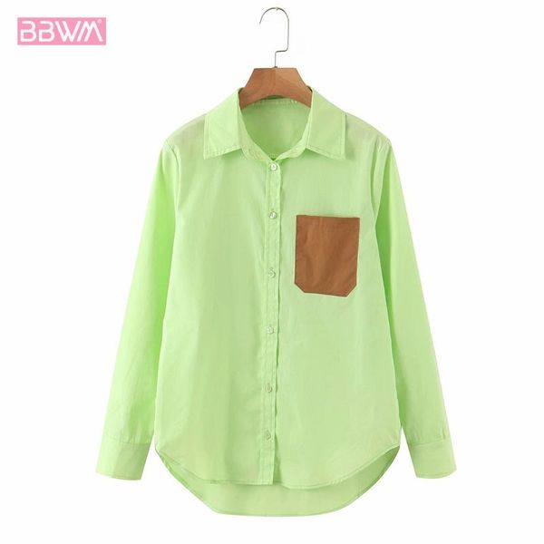 

harajuku lapel long-sleeved pocket single-breasted fluorescent green chic women's shirt versatile hit color female shirt 210507, White