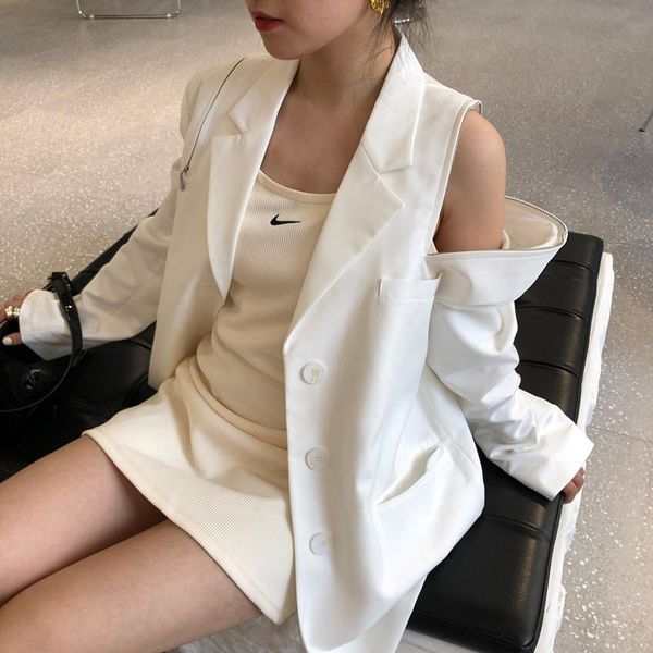 

women's suits & blazers women solid off shoulder zipper blazer spring summer korean lapel long sleeve loose suit jacket female fashion, White;black