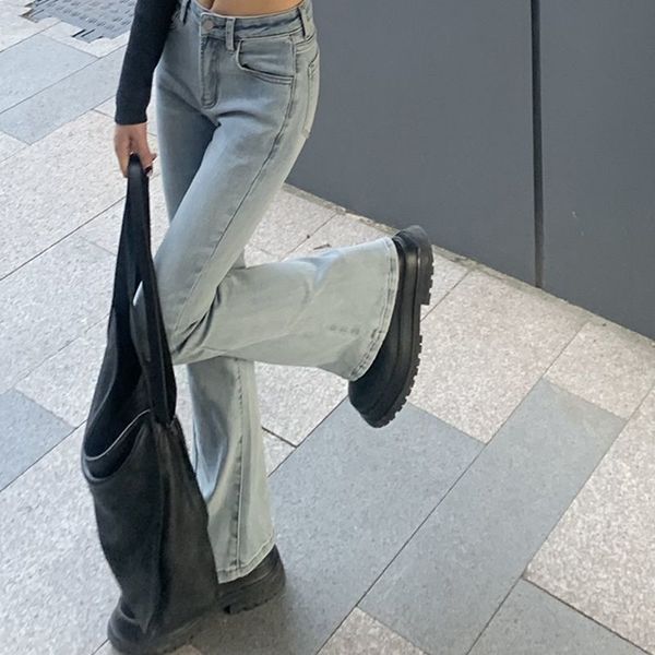 

womens vintage high waist trumpet full length jeans female lady streetwear elastic slim denim flare boot cut pants for women, Blue