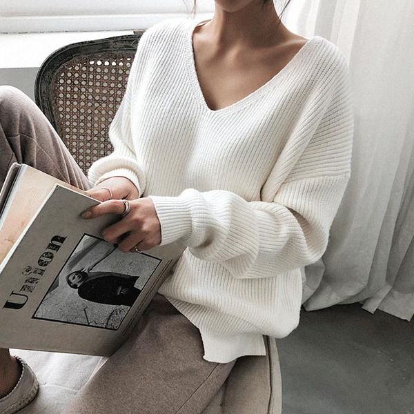 

women's sweaters autumn winter basic knitted blue white sweater women 2021 fashion casual v-neck female pullovers korean lady jumpers, White;black