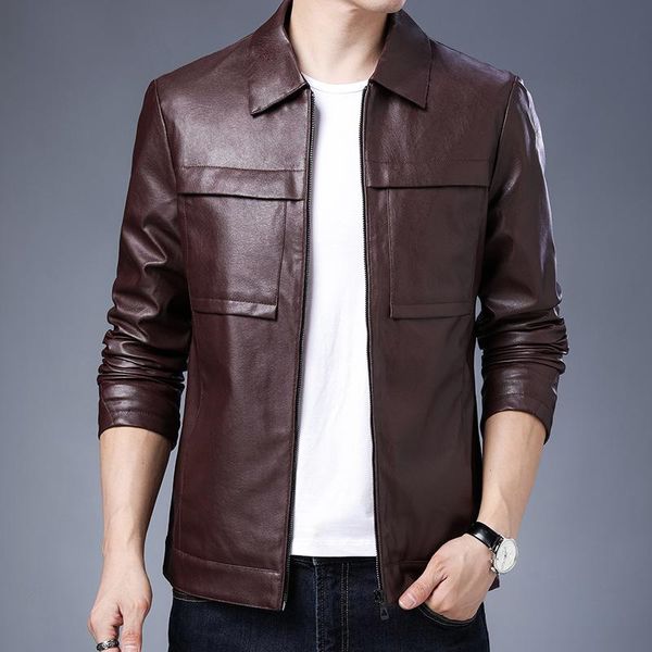

men's fur & faux 2021 autumn fashion business lapel casual leather youth handsome slim pu jacket, Black