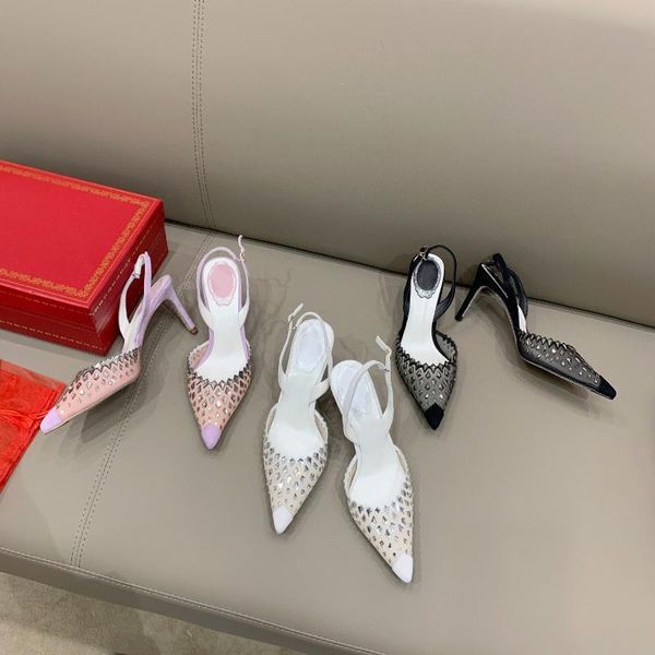 

dress shoes slingbacks pumps lace braided with diamonds women's genuine leather block heels zapatillas mujer ankle pointed sandals, Black