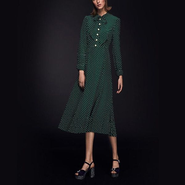

casual dresses 2021 summer women long sleeve dress green wave point bow with elegance knee-length, Black;gray
