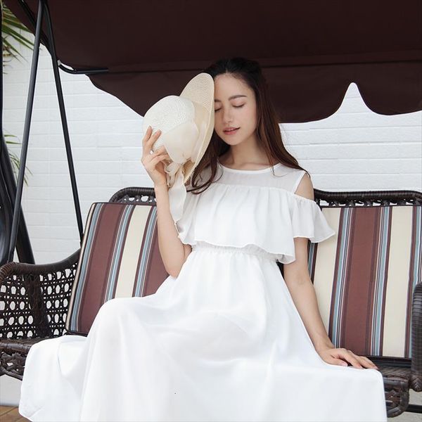 

summer chiffon boho beach slim womens dresses off the shoulder high waist strapless white long sundress, Black;gray