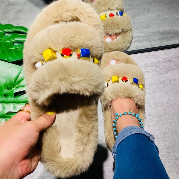 

slippers women's fuzzy faux fur memroy foam flat house slide open toe shoes sandals cozy home, Black