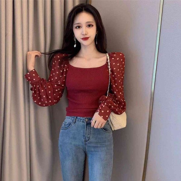 

woman femme chandails polka dot women sweaters chiffon splicing knitwear womens pull hiver, White;black