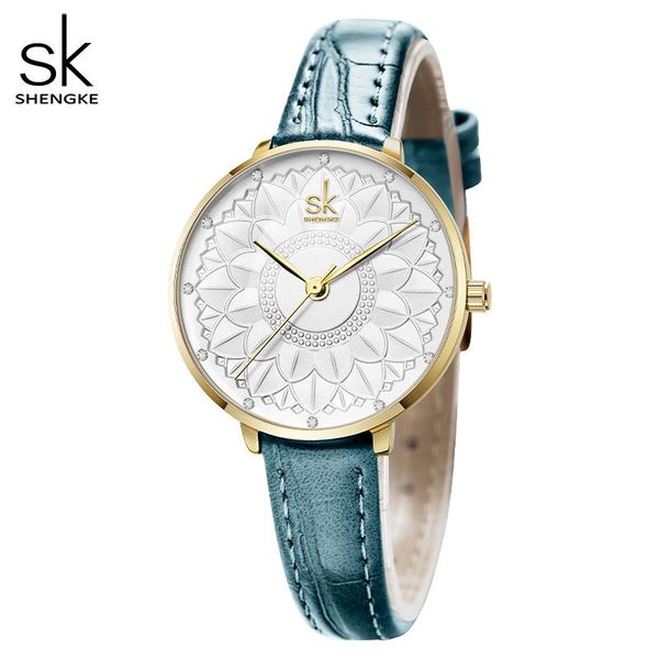 

wristwatches shengke green blue creative women watches sun flower dial gold case japanese quartz movement relogio feminino, Slivery;brown