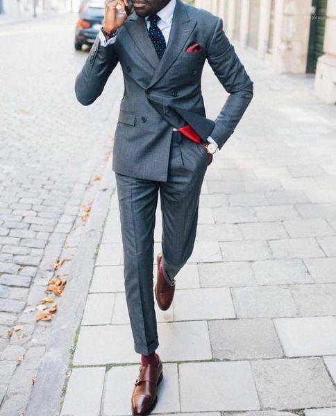 

men's suits & blazers dark grey men peaked lapel double breasted formal business set blazer jacket tuxedos groom wedding 2 piece, White;black