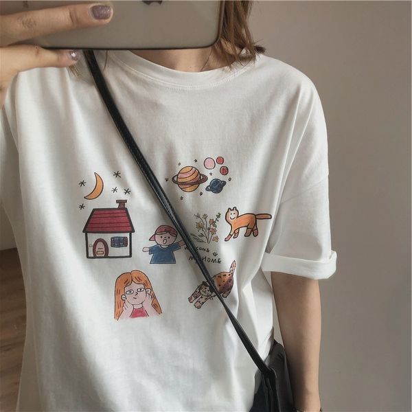 

women's t-shirt summer o-neck shirts short sleeve cartoon print cotton loose style casual tees 8a4d, White