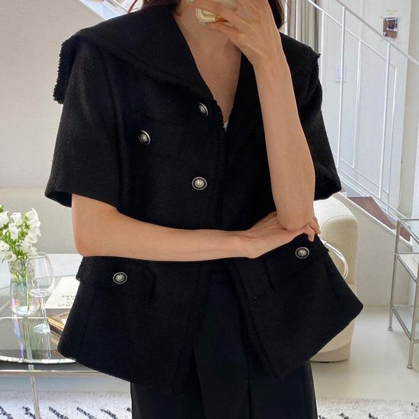 

women's jackets women 2021 summer girls french elegant navy collar edge design chic button loose cardigan woolen short coat, Black;brown