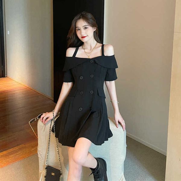 

summer 2021 french style short sleeve ruffle off shoulder sling pleated suit drs for women, Black;gray