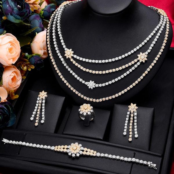 

earrings & necklace trendy 4pcs 3layer kundan jewelry set for women wedding party cubic zircon crystal dubai bridal addict, Silver