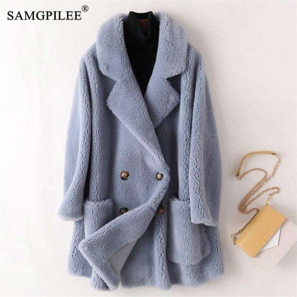 

real fur coat australian womens wool s thick warm elegant loose large size long outwear winter for women 210928, Black