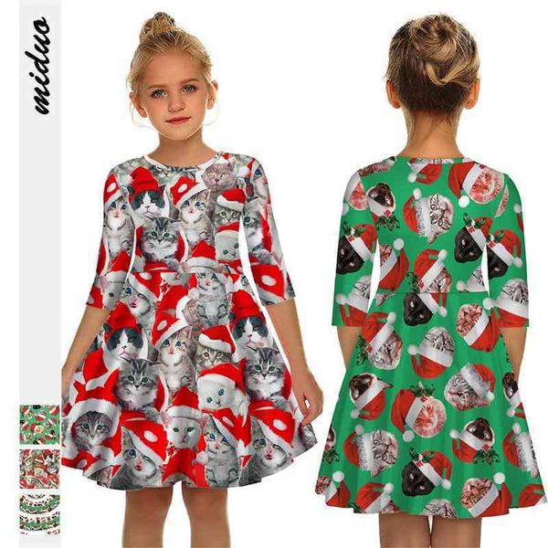 

cat christmas digital print girl's mid sleeve dress lovely children's princess dress new, Red;yellow