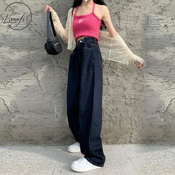

women's jeans varofi high waisted wide leg loose straight dark blue trousers woman baggy xs y2k
