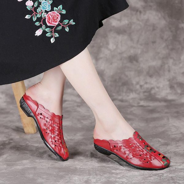 

slippers mother women's summer wear soft breathable leather retro shoes, Black
