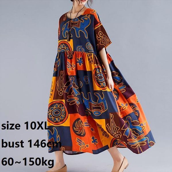 

ethnic printed dress women cami plus size 10xl 60~150kg large vintage big floral robe female cotton linen maxi, White