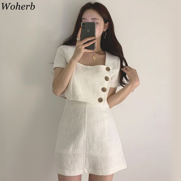 

korean suit chic fashion outfits women summer square collar short shirt high waist a-line skirt two piece sets femme 210422, White