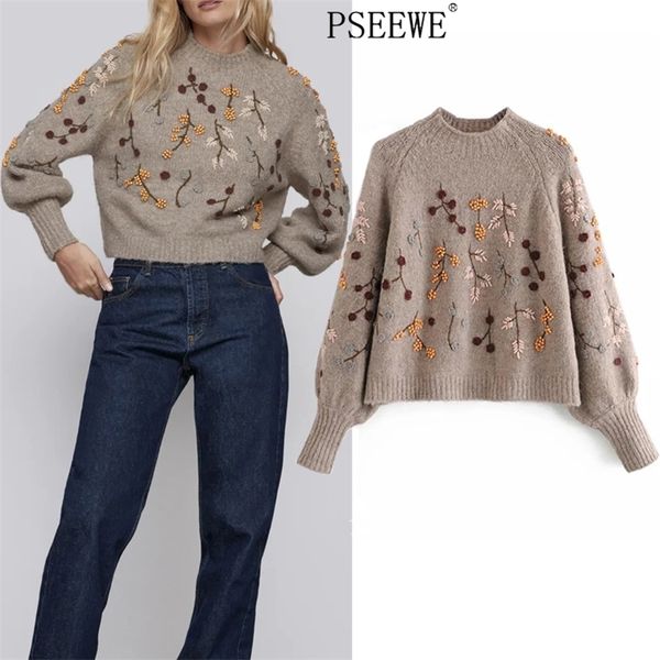 

women sweater beading crop knitted woman winter warm tunic vintage embroidery puff long sleeve pullover 210519, White;black