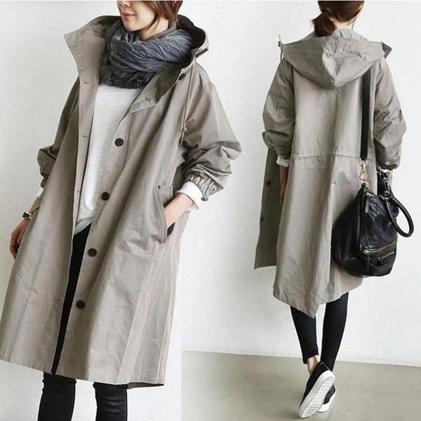 

women's trench coats fashionable windbreaker hood long 2021 spring fall casual wear 8 color, Tan;black