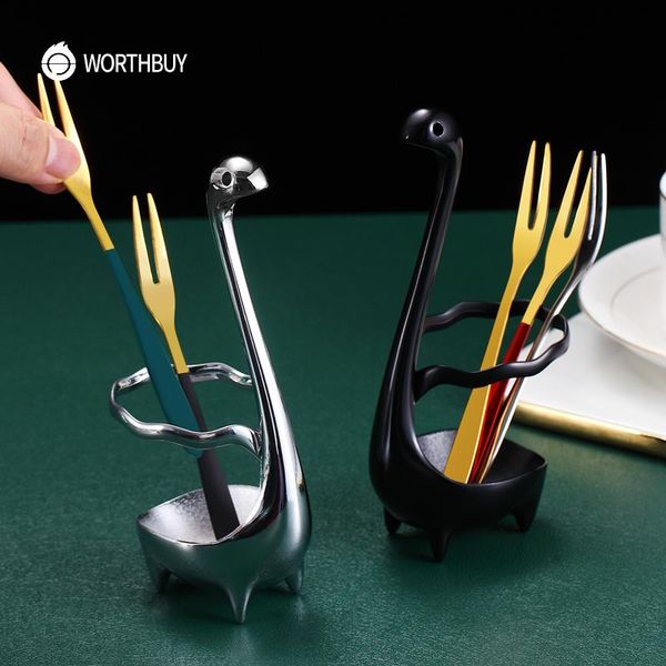

forks worthbuy 5 pcs/set colorful fruit fork set with base holder 18/8 stainless steel picks dessert kitchen tableware