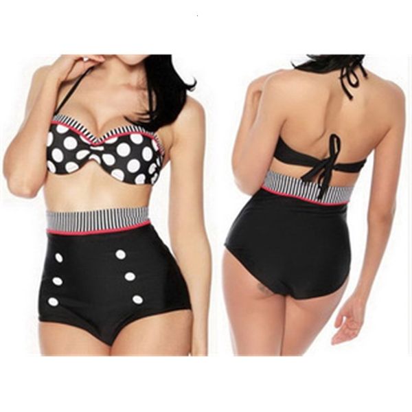 

women's xin mengling's style high waist belly covering hanging neck bikini wave point swimsuit, White;black