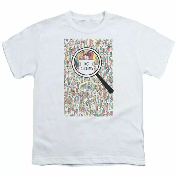 

Where's Waldo No Cheating Kids Youth T Shirt Licensed Book Cartoon Tee White, White;black