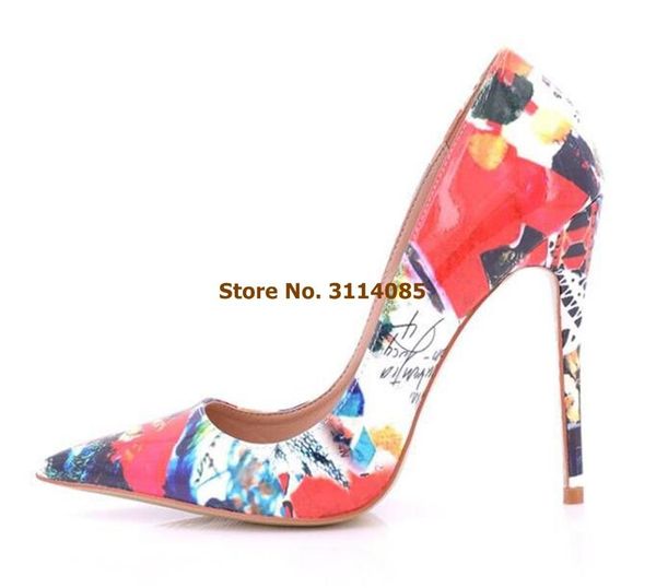 

dress shoes girls charming colorized graffiti printed high heel pumps 12cm heels pointed toe patent leather shallow, Black