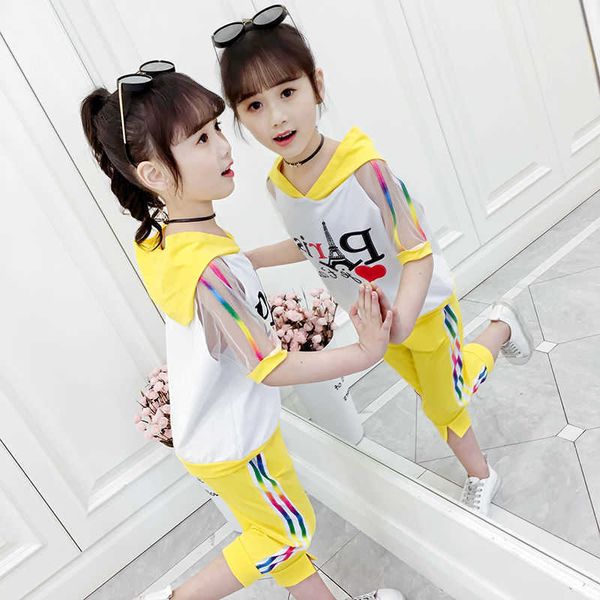 

4-14t girls summer clothes set 2021 new fashion color striped hooded two pieces clothing 110-160 p0831, White
