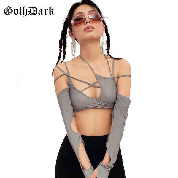 

cyber y2k techwear punk women halter gothic egirl patchwork long sleeve crop cut out casual t-shirts, White