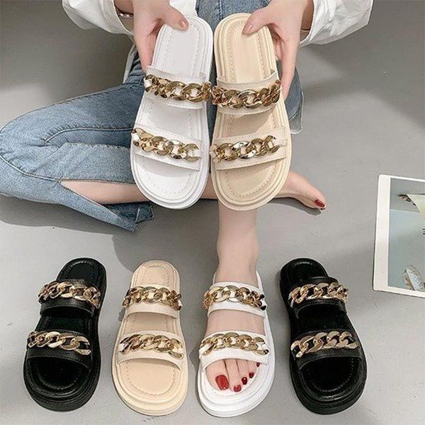 

slippers 2021korean style women gold chain thick bottom sandals female round toe slip on mules flat heel casual slide flip flops, Black