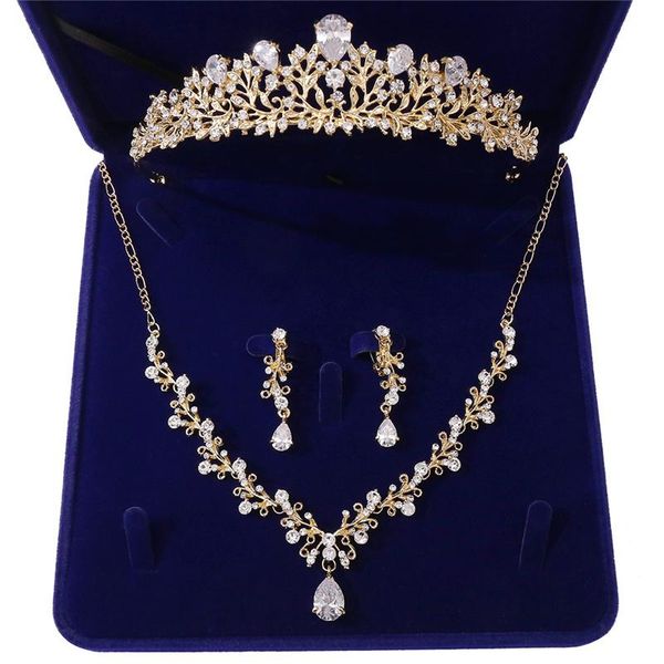 Ohrringe Halskette Luxus Edles Kristallblatt Brautschmuck Sets Strass Krone Tiaras Set Braut Afrikanische Hochzeit
