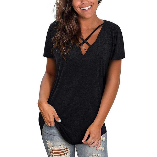 

women's t-shirt solid color v-neck slim fit short sleeve in 2021, White