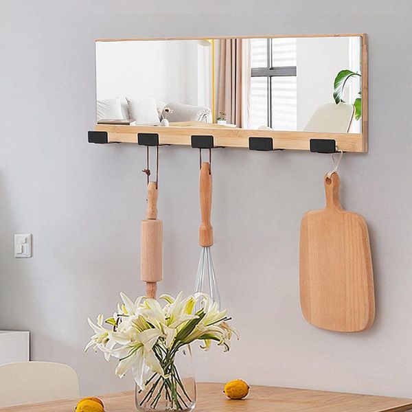 

mirrors 2021 creative nordic wall mounted bamboo wood decorative mirror hanger with iron coat hooks makeup looking glass