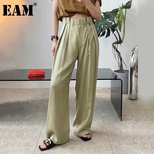 [EAM] Hohe Taille Khaki Falten Unregelmäßige Lange, Breite Bein Hose Neue Lose Fit Hosen Frauen Mode Frühling Sommer 2021 1DE0932 Q0801