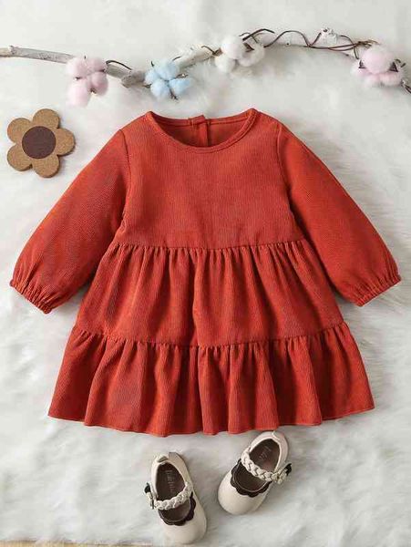 

baby button back ruffle hem corduroy dress she, Red;yellow