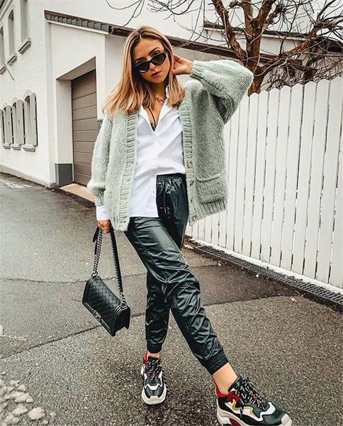 

women's pants & capris ladyfirsy wide leg leather faux pu black high waist straight jeans female pockets winter streetwear casual loose, Black;white