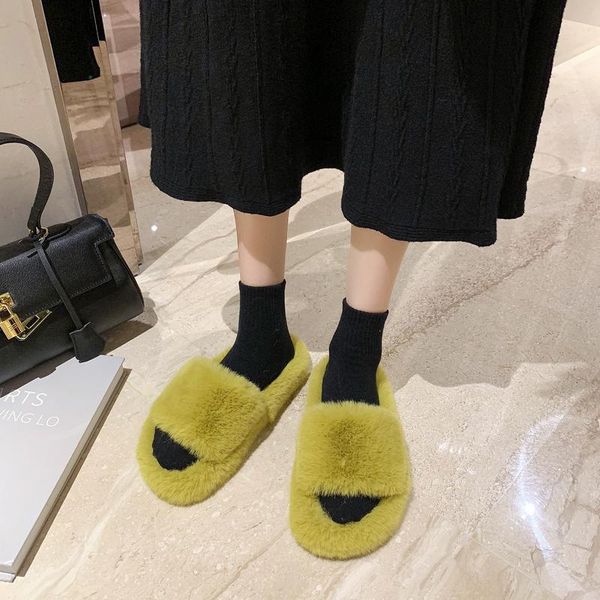 

slippers women flat shoes home women's slides female fur flip flops massage 2021 plush rome autumn pu fabric rubber, Black