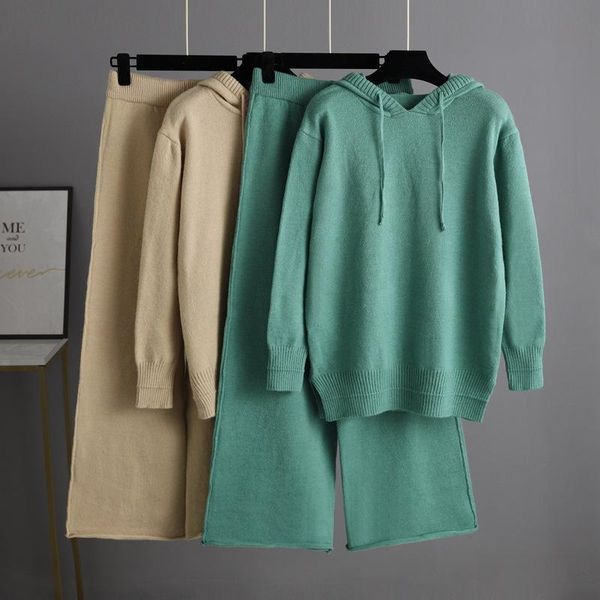 

women's two piece pants sweater tracksuits -neck knitted wide leg warm suit for women pieces sets autumn winter clothes 2021, White