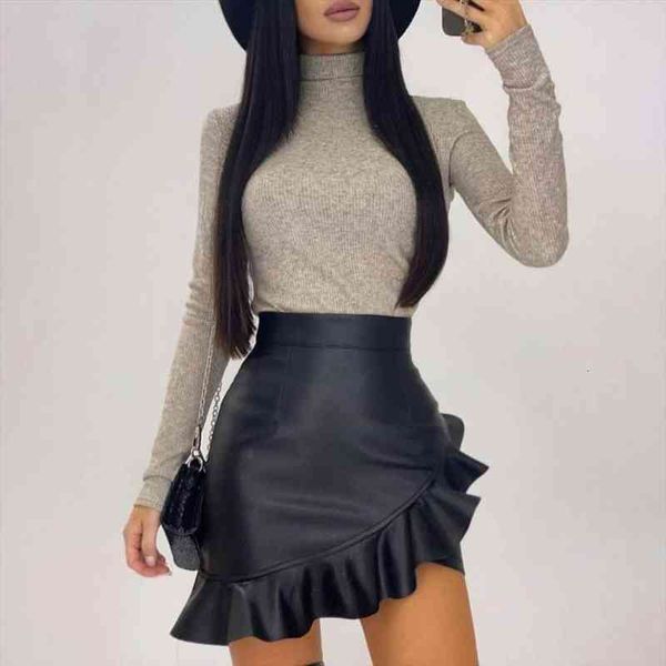 

black solid women pu leather ruffled hip skirt high waist shearh bodycon pencil skirt zipper fashion streetweat slim